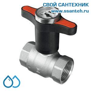 14627 HERZ 1220161 Кран шаровой красная ручка с термометром, DN15, PN25, 0...+120°C, Kvs 17 м3/час, никелированный