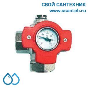 14739 HERZ 1241402 Кран шаровой трехходовой с отводами для промывки и слива, 3/4",  PN25, 120°С, с термометром красный